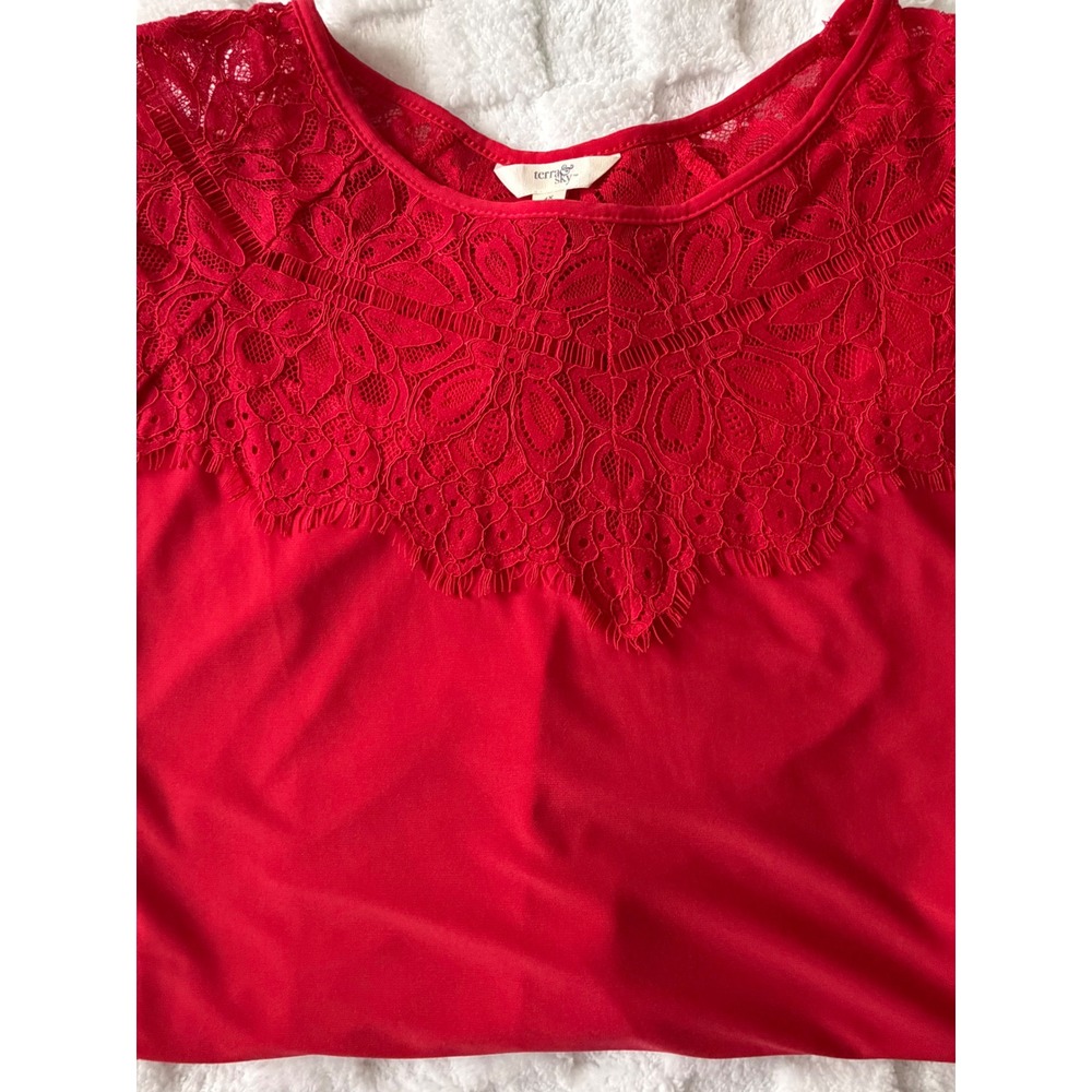 Terra & Sky Red Lace Yoke Short Sleeve Blouse Top 4X 28W-30W - EUC